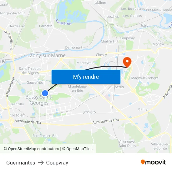 Guermantes to Coupvray map