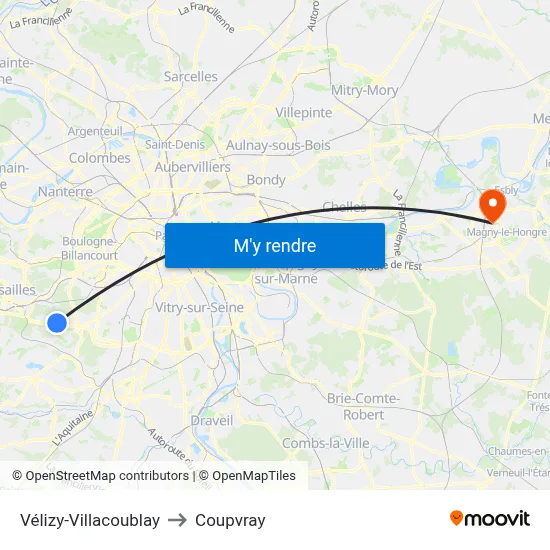 Vélizy-Villacoublay to Coupvray map