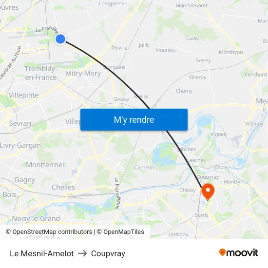 Le Mesnil-Amelot to Coupvray map