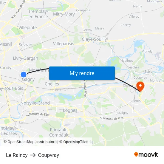 Le Raincy to Coupvray map
