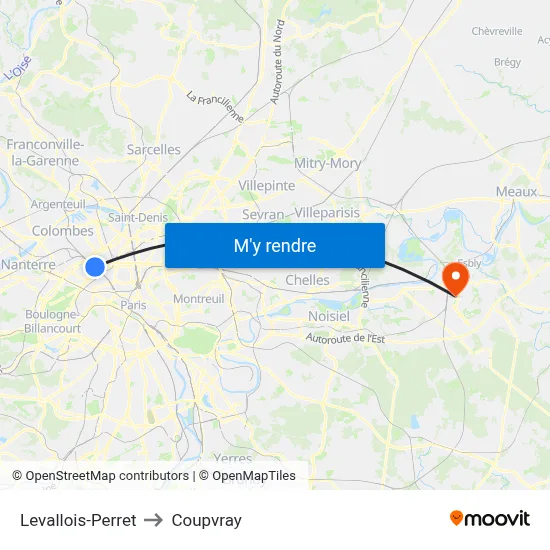 Levallois-Perret to Coupvray map