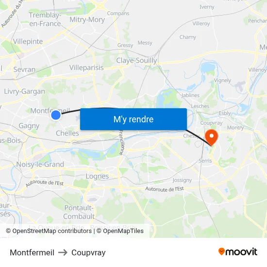 Montfermeil to Coupvray map