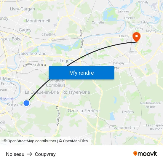 Noiseau to Coupvray map