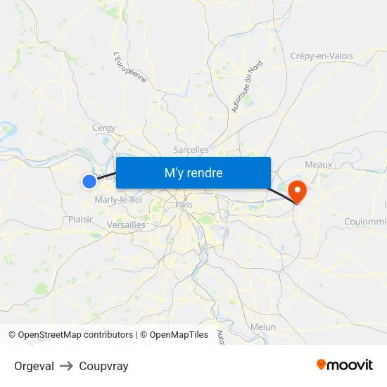 Orgeval to Coupvray map