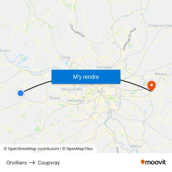 Orvilliers to Coupvray map