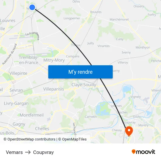Vemars to Coupvray map
