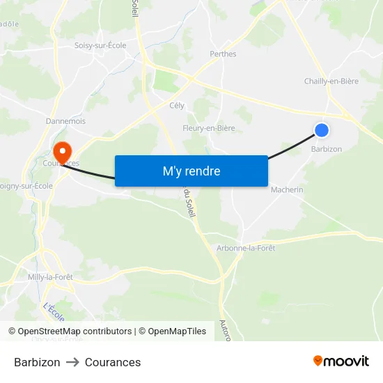 Barbizon to Courances map