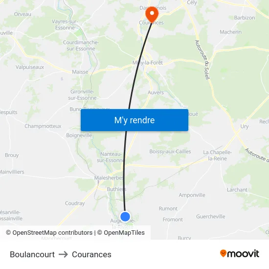 Boulancourt to Courances map