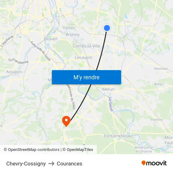 Chevry-Cossigny to Courances map