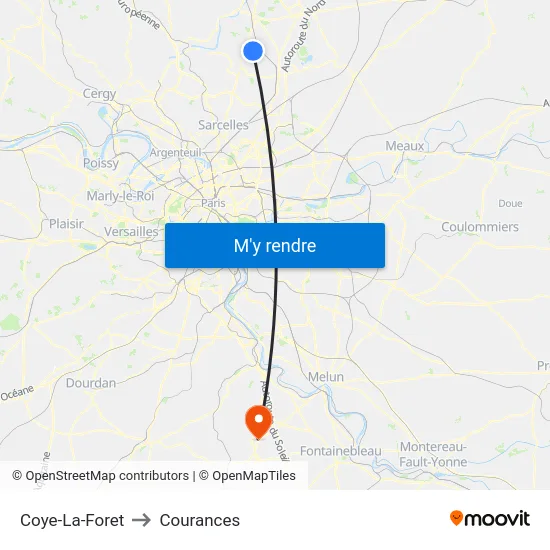 Coye-La-Foret to Courances map