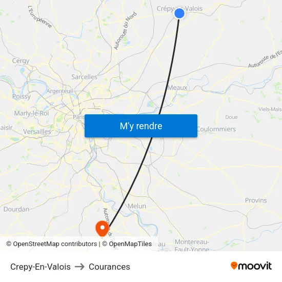 Crepy-En-Valois to Courances map