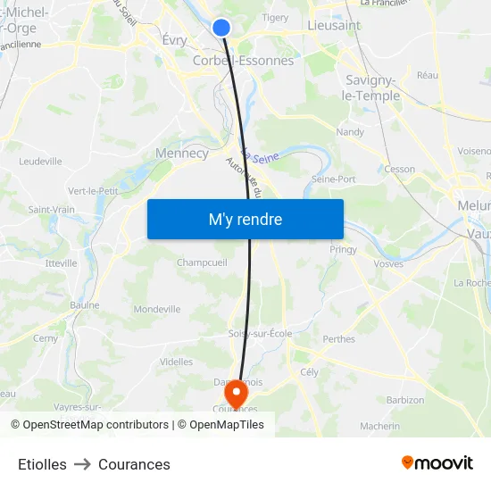 Etiolles to Courances map