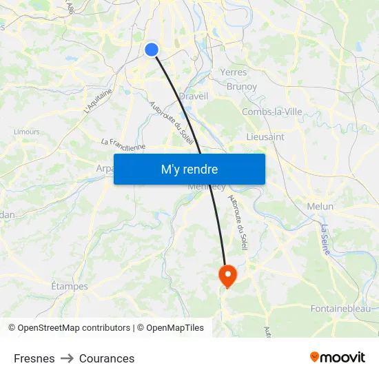Fresnes to Courances map