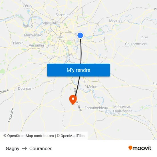 Gagny to Courances map