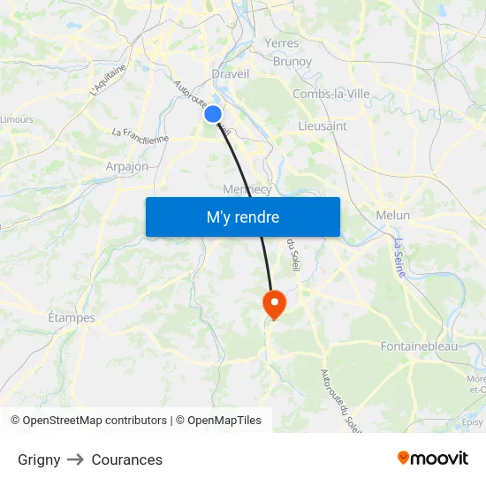 Grigny to Courances map
