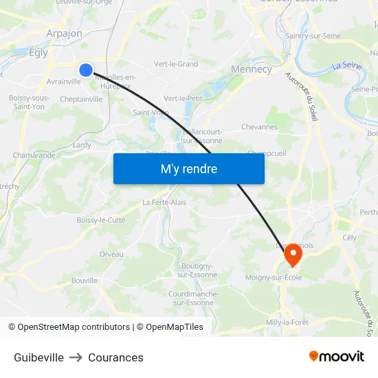 Guibeville to Courances map