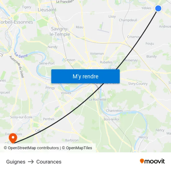Guignes to Courances map