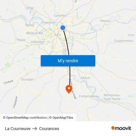 La Courneuve to Courances map