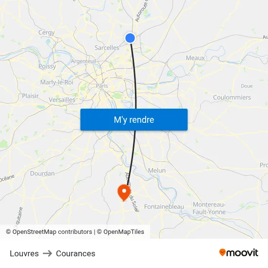 Louvres to Courances map