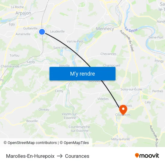 Marolles-En-Hurepoix to Courances map