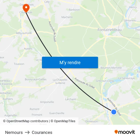 Nemours to Courances map