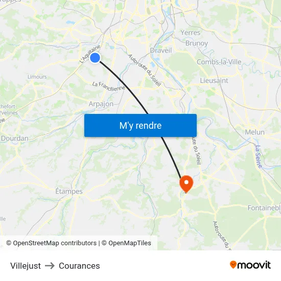 Villejust to Courances map