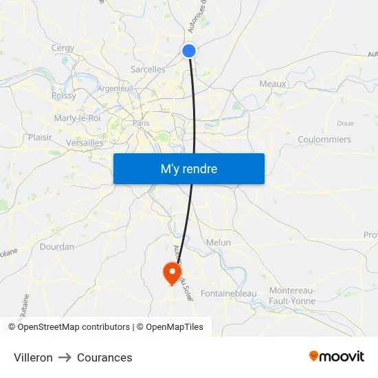 Villeron to Courances map
