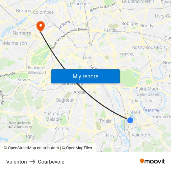 Valenton to Courbevoie map
