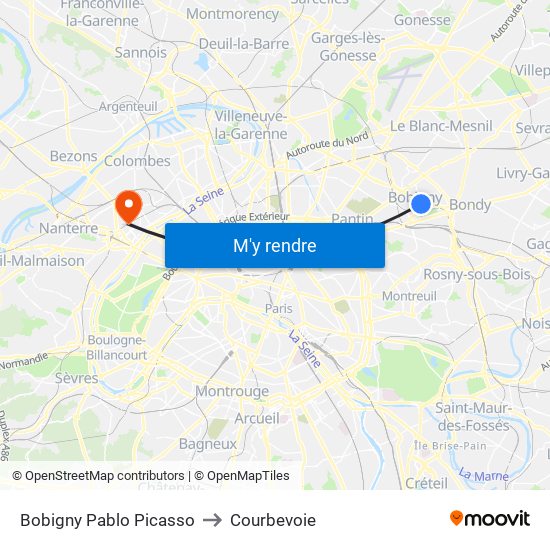 Bobigny Pablo Picasso to Courbevoie map