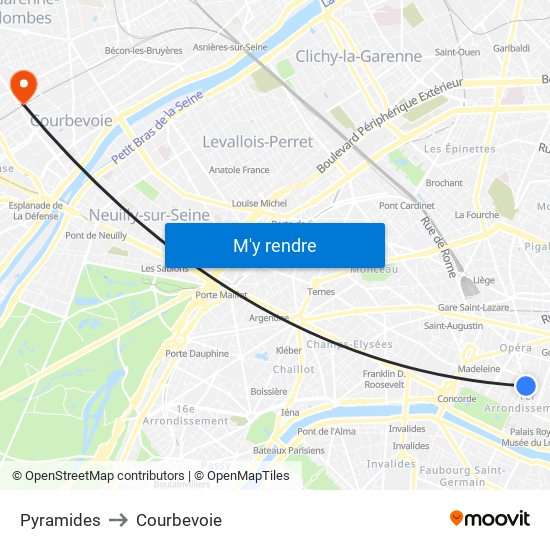 Pyramides to Courbevoie map