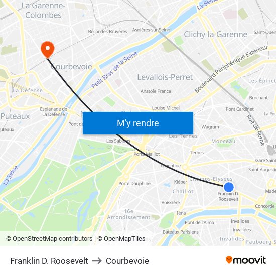 Franklin D. Roosevelt to Courbevoie map