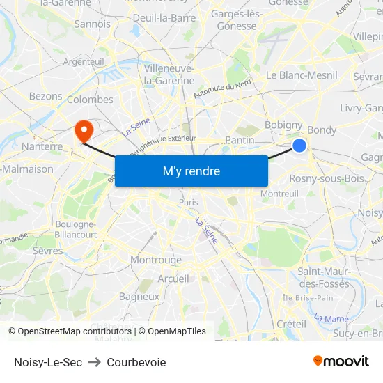 Noisy-Le-Sec to Courbevoie map