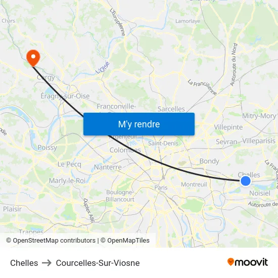 Chelles to Courcelles-Sur-Viosne map