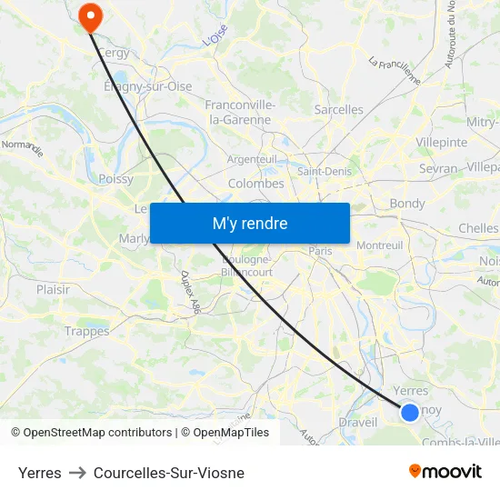 Yerres to Courcelles-Sur-Viosne map