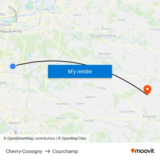 Chevry-Cossigny to Courchamp map