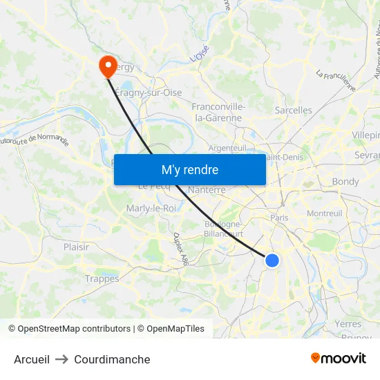 Arcueil to Courdimanche map