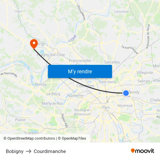 Bobigny to Courdimanche map