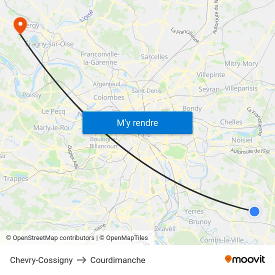 Chevry-Cossigny to Courdimanche map
