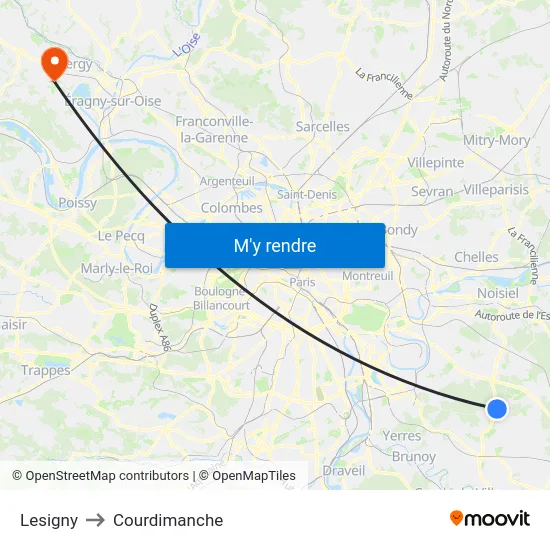 Lesigny to Courdimanche map