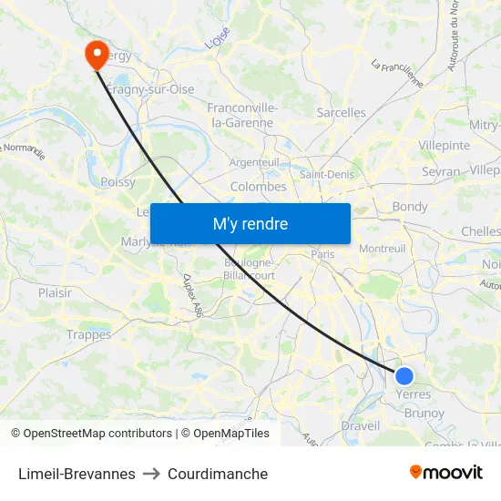 Limeil-Brevannes to Courdimanche map