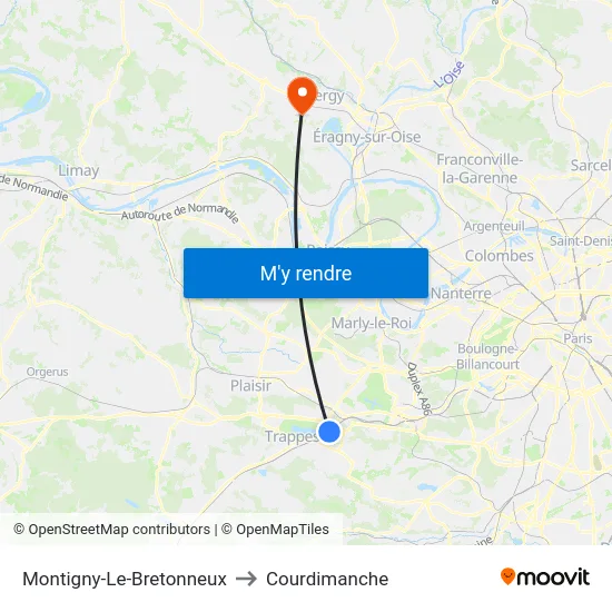 Montigny-Le-Bretonneux to Courdimanche map