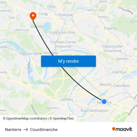 Nanterre to Courdimanche map