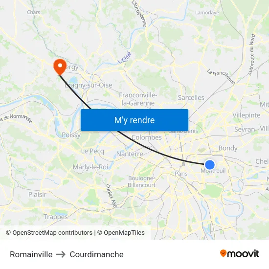Romainville to Courdimanche map
