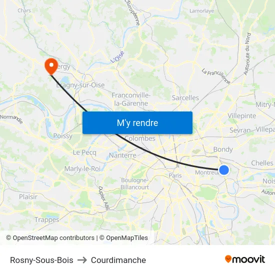 Rosny-Sous-Bois to Courdimanche map