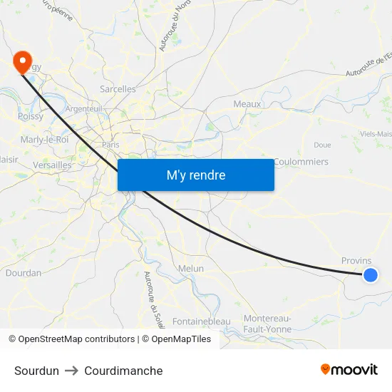Sourdun to Courdimanche map