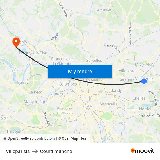 Villeparisis to Courdimanche map