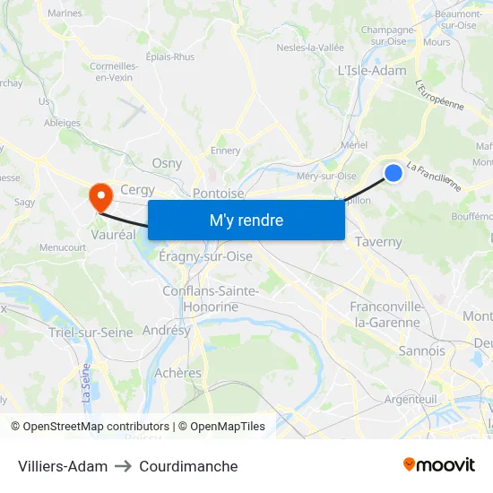 Villiers-Adam to Courdimanche map
