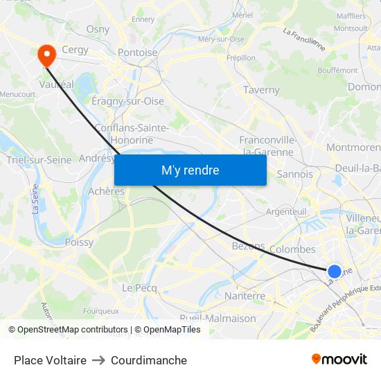 Place Voltaire to Courdimanche map