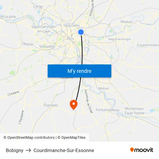 Bobigny to Courdimanche-Sur-Essonne map