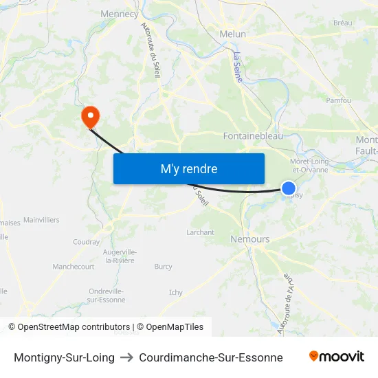 Montigny-Sur-Loing to Courdimanche-Sur-Essonne map